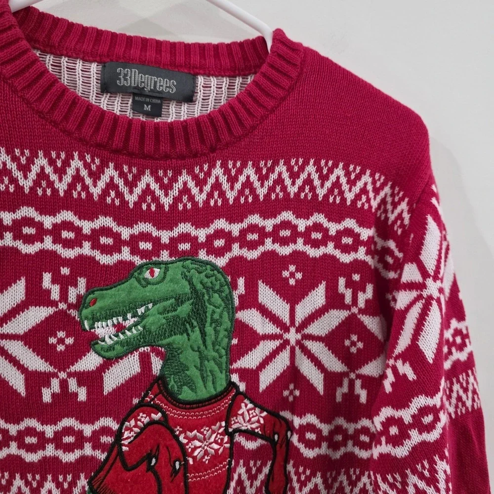 33 Degrees Mens Ugly Christmas Sweater Size Medium Dinosaur Fair‎ Isle Party